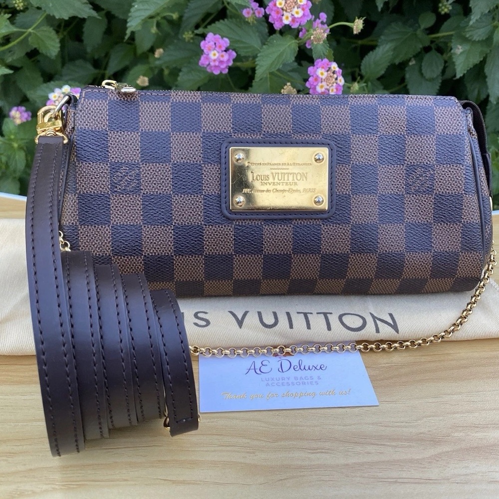 ❤️‍🩹SOLD❤️‍🩹 Louis Vuitton Eva Damier Ebene Chain Clutch Crossbody Bag (AA3183)